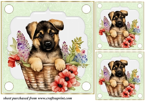 3 Green floral pup in basket card front/toppers 8