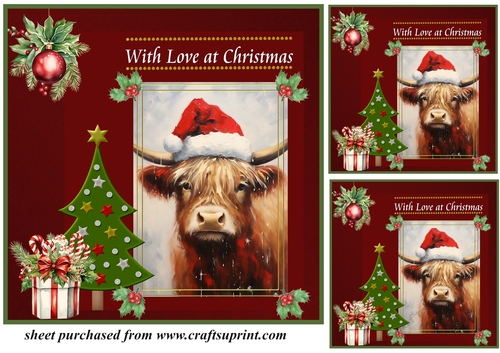 3 Red Christmas Highland cow card front/toppers 1