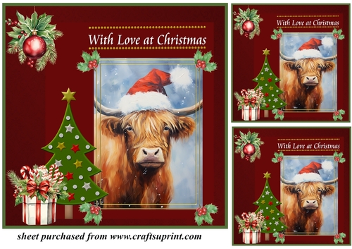 3 Red Christmas Highland cow card front/toppers 2