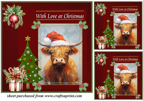 3 Red Christmas Highland cow card front/toppers 3