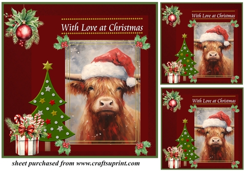 3 Red Christmas Highland cow card front/toppers 4