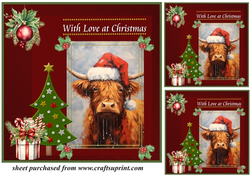 3 Red Christmas Highland cow card front/toppers 5