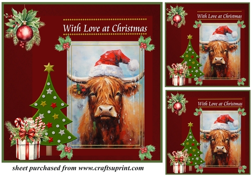 3 Red Christmas Highland cow card front/toppers 6