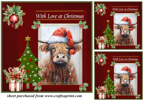 3 Red Christmas Highland cow card front/toppers 7