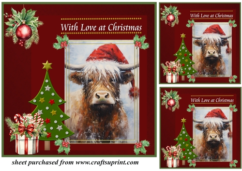 3 Red Christmas Highland cow card front/toppers 8