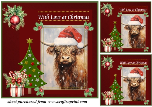 3 Red Christmas Highland cow card front/toppers 9