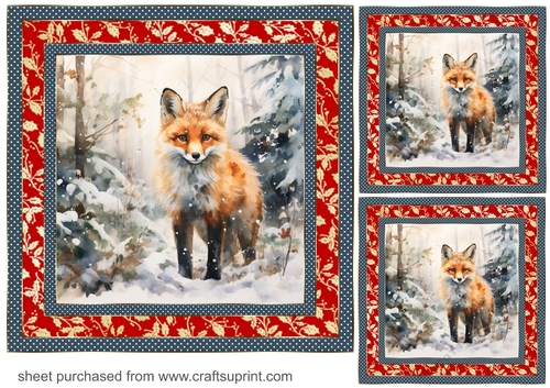 3 Snowy woodland fox card front/toppers