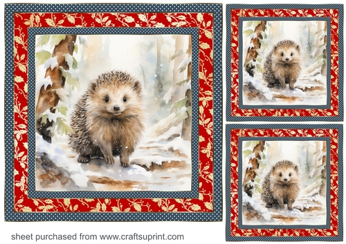 3 Snowy woodland hedgehog card front/toppers
