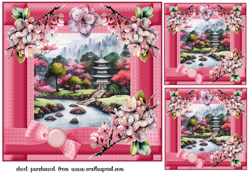 3 Pink floral Oriental card front/toppers
