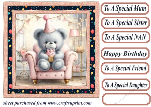 Pink Birthday bear in arm chair card front 1