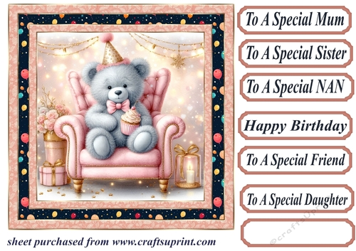 Pink Birthday bear in arm chair card front 2
