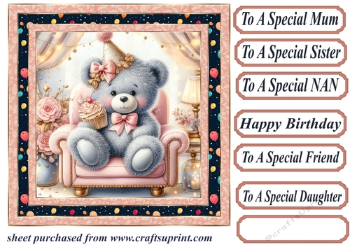 Pink Birthday bear in arm chair card front 3