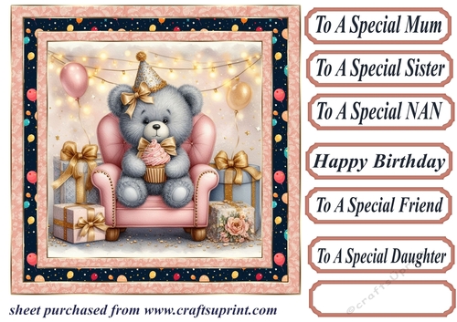Pink Birthday bear in arm chair card front 4
