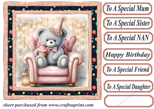 Pink Birthday bear in arm chair card front 5