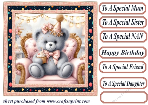 Pink Birthday bear in arm chair card front 6