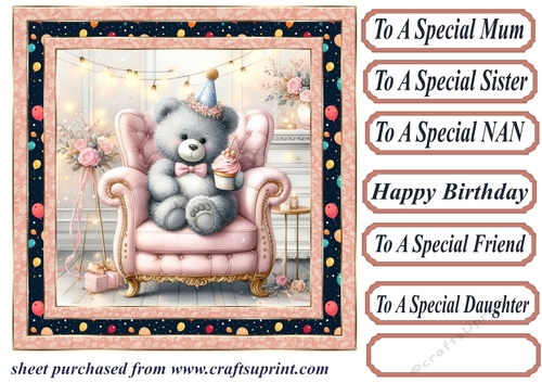 Pink Birthday bear in arm chair card front 7