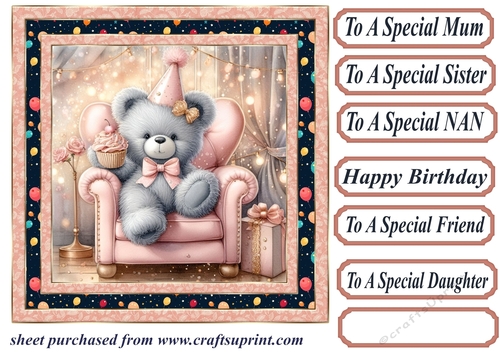 Pink Birthday bear in arm chair card front 8