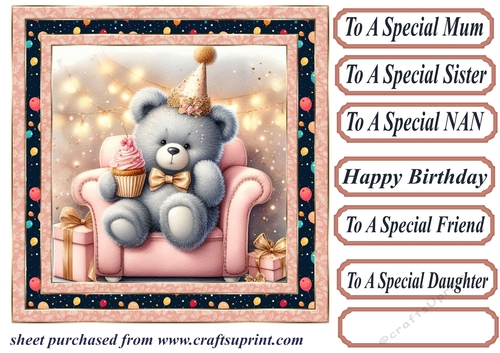 Pink Birthday bear in arm chair card front 9