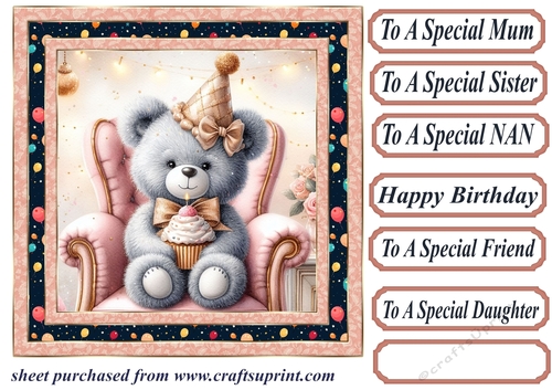 Pink Birthday bear in arm chair card front 10
