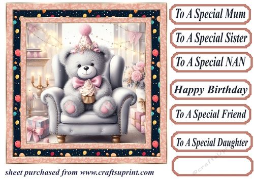 Pink Birthday bear in arm chair card front 11