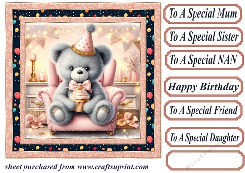 Pink Birthday bear in arm chair card front 12