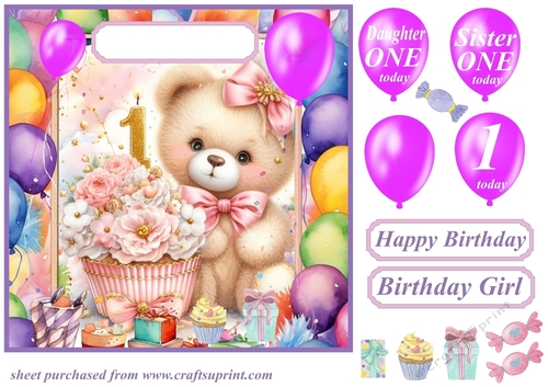 Age 1 Birthday bear card front 2