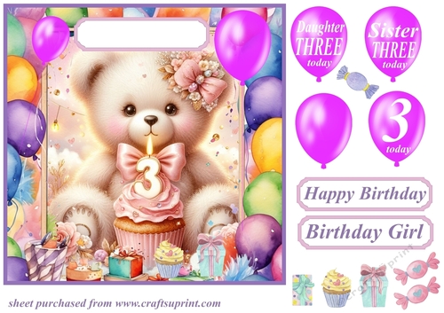 Age 3 Birthday bear card front 1