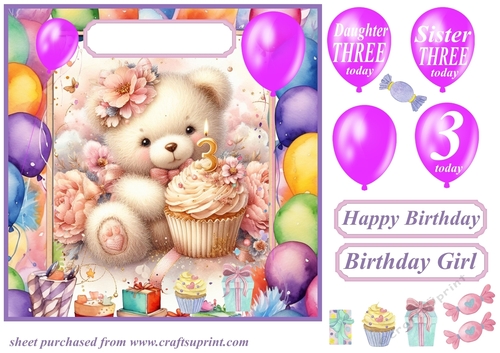 Age 3 Birthday bear card front 2