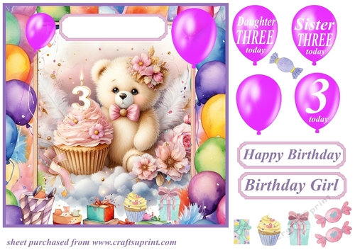 Age 3 Birthday bear card front 3