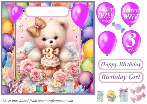 Age 3 Birthday bear card front 4