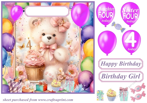 Age 4 Birthday bear card front 1