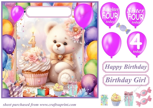 Age 4 Birthday bear card front 3