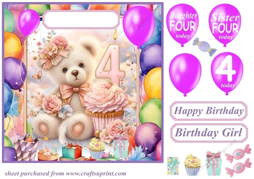 Age 4 Birthday bear card front 4