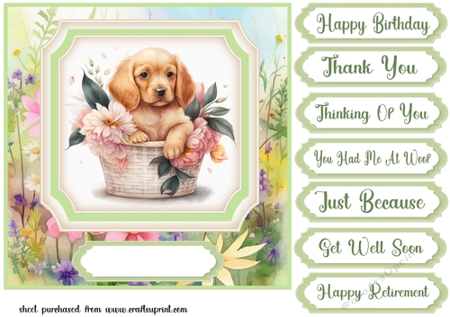 Floral puppy in basket card front 10