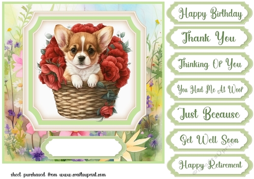 Floral puppy in basket card front 13
