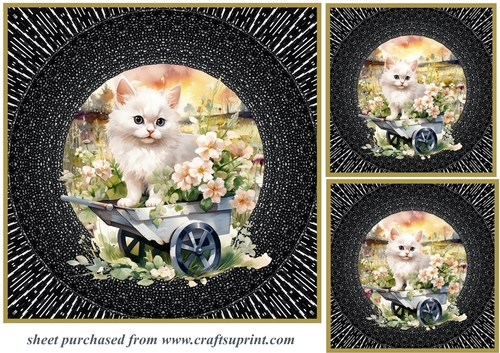 3 Floral wheel barrow kitty card fronts/toppers 1