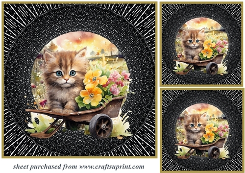 3 Floral wheel barrow kitty card fronts/toppers 2