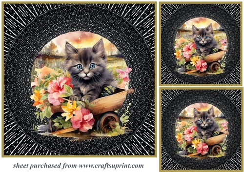 3 Floral wheel barrow kitty card fronts/toppers 3