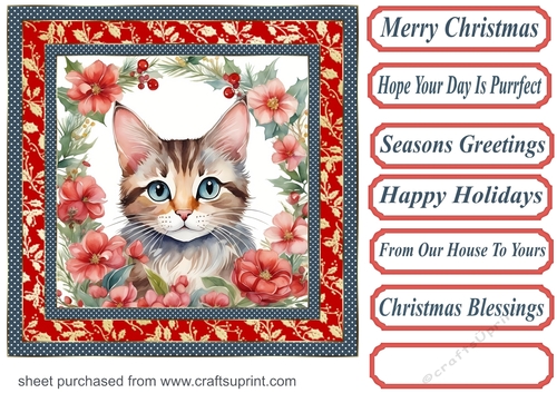 Christmas floral cat card front 9