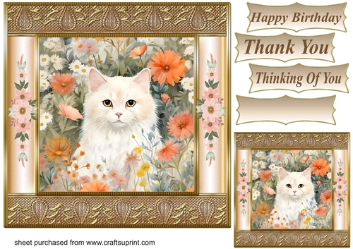 Gold framed floral cat card front 1