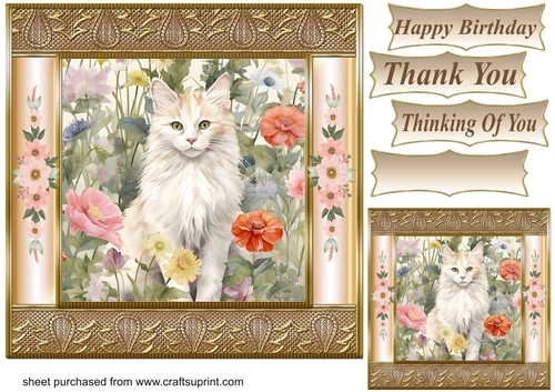 Gold framed floral cat card front 2