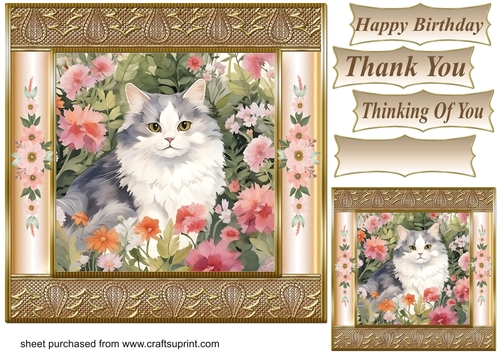 Gold framed floral cat card front 3