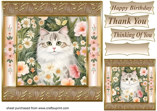 Gold framed floral cat card front 4