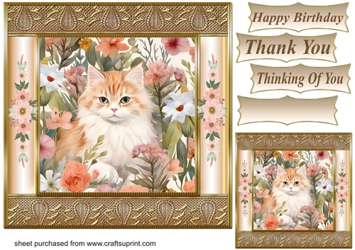 Gold framed floral cat card front 5