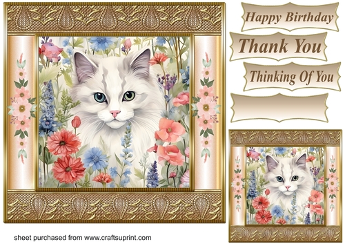 Gold framed floral cat card front 6