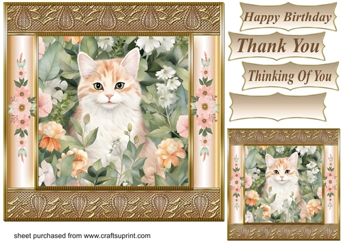 Gold framed floral cat card front 7