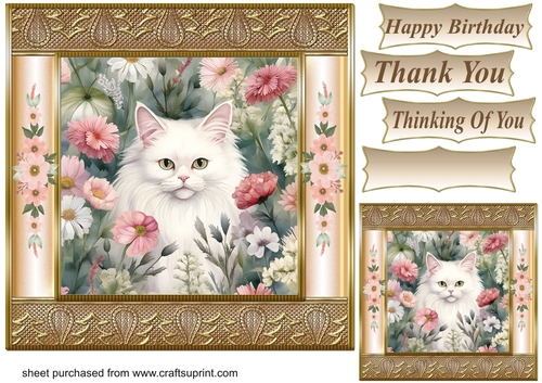 Gold framed floral cat card front 8