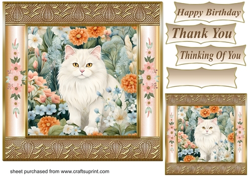 Gold framed floral cat card front 9
