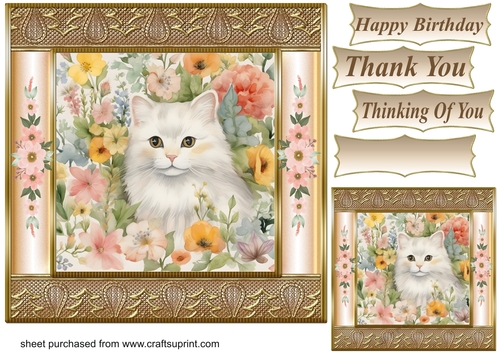 Gold framed floral cat card front 10