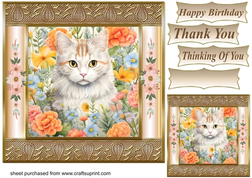 Gold framed floral cat card front 11